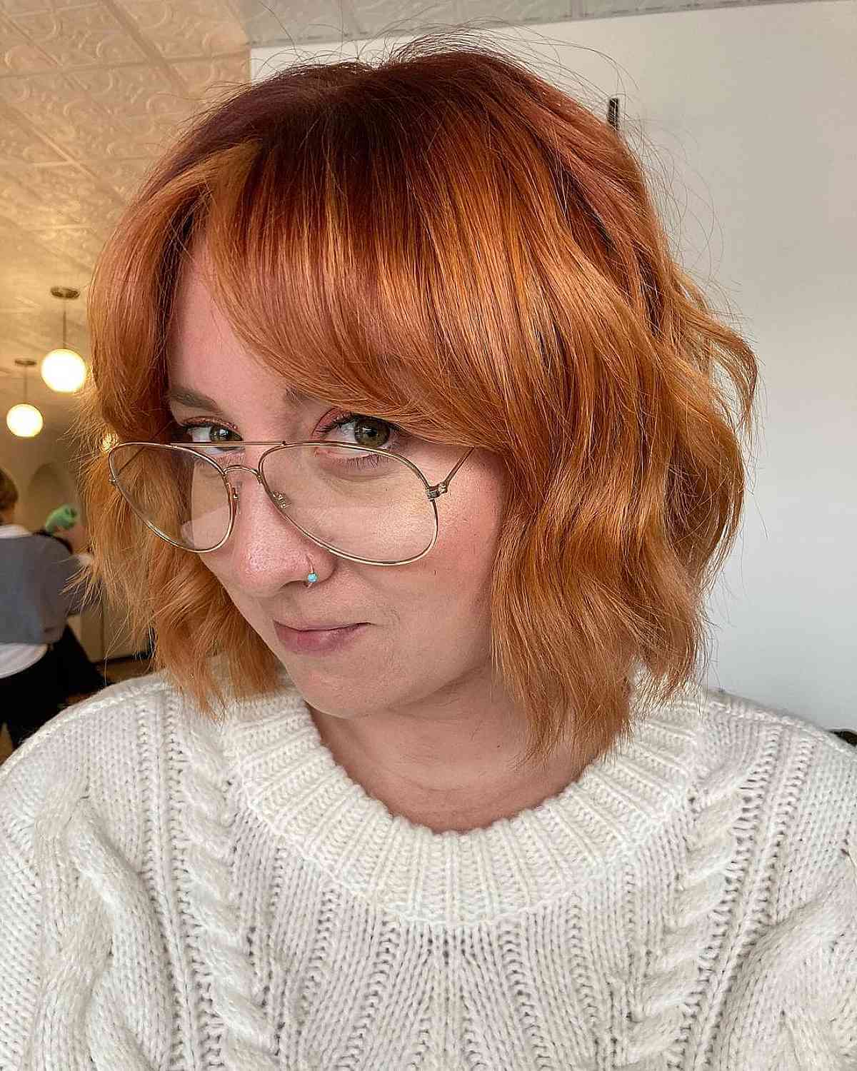 Wavy Copper Bob with Side Bangs