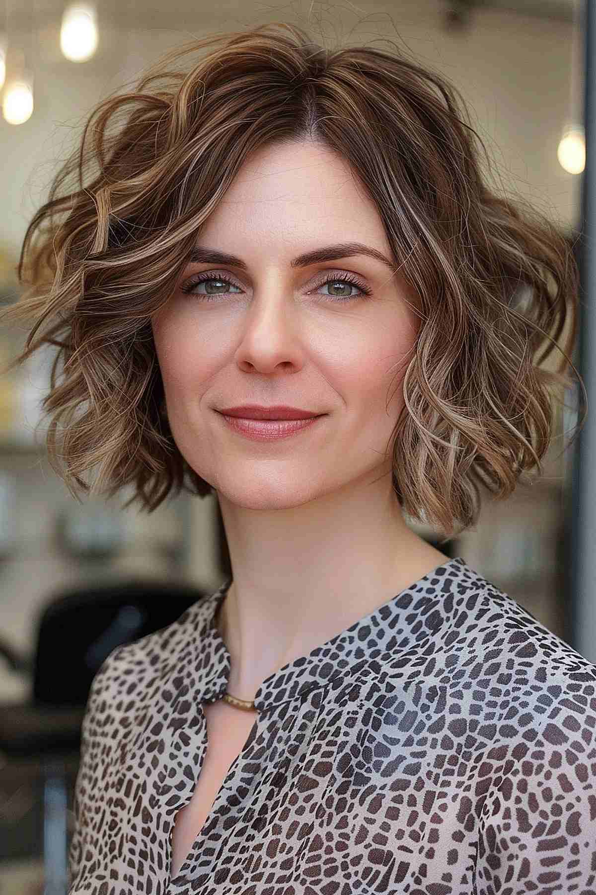 Woman with chin-length bob cut styled in loose waves, achieved through a perm