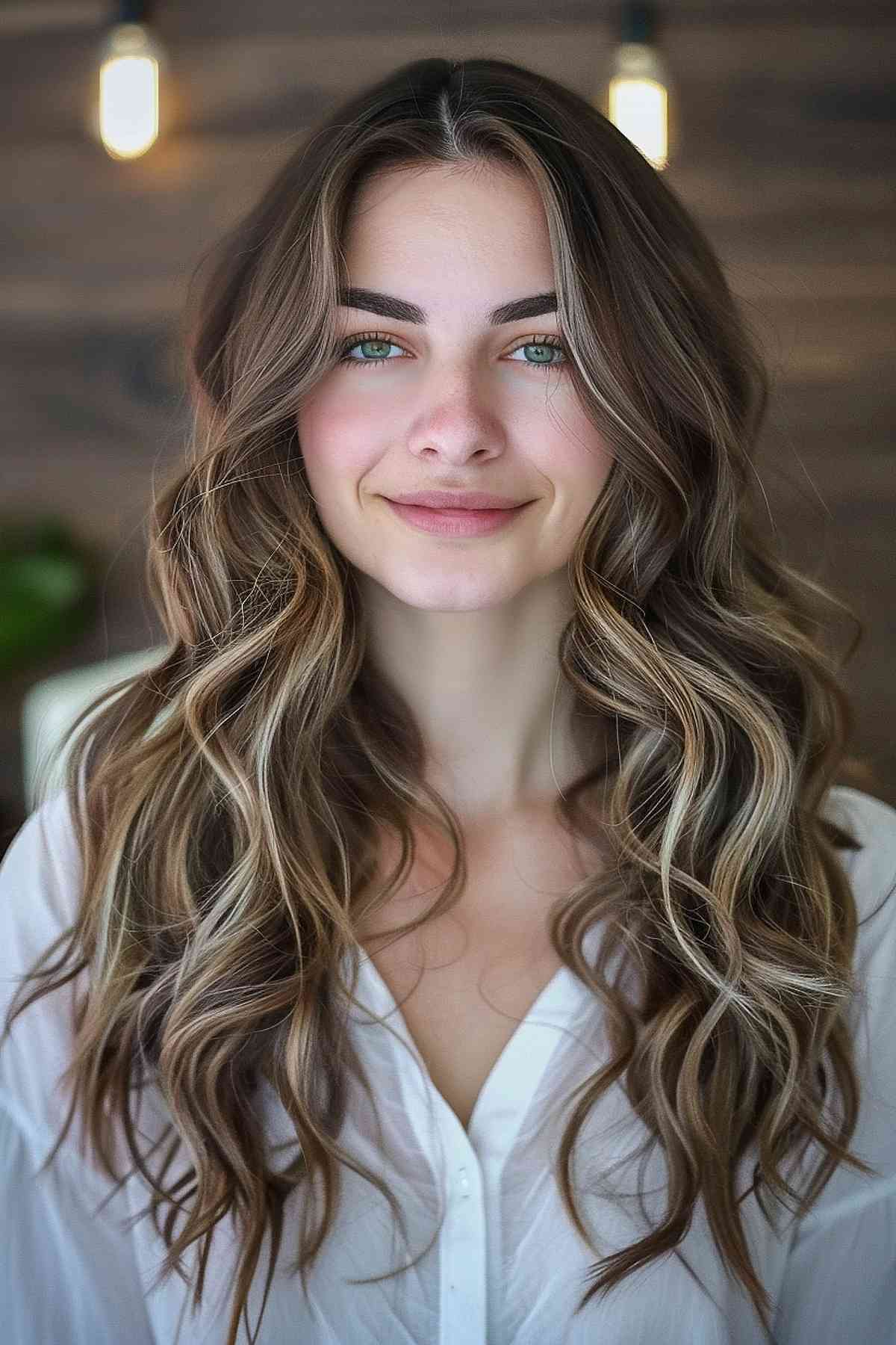 Woman with medium to long hair styled in wavy perm with highlights