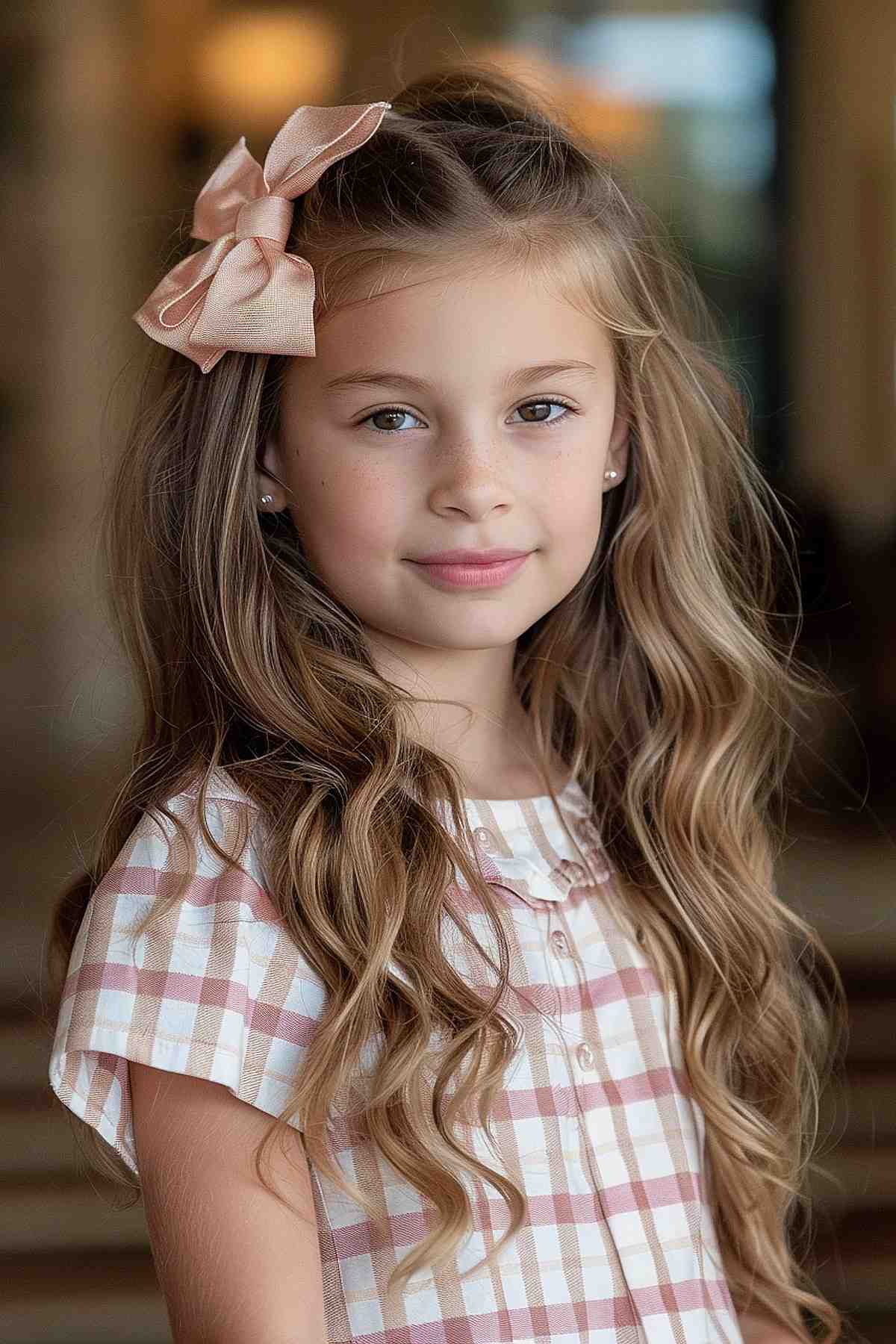 Young girl with wavy down do hairstyle and a side bow