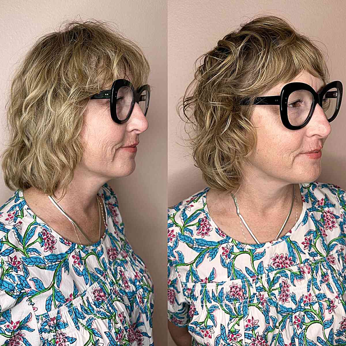 Wavy Grown-Out Shaggy Bob with Mini Bangs for Older Women Over 40