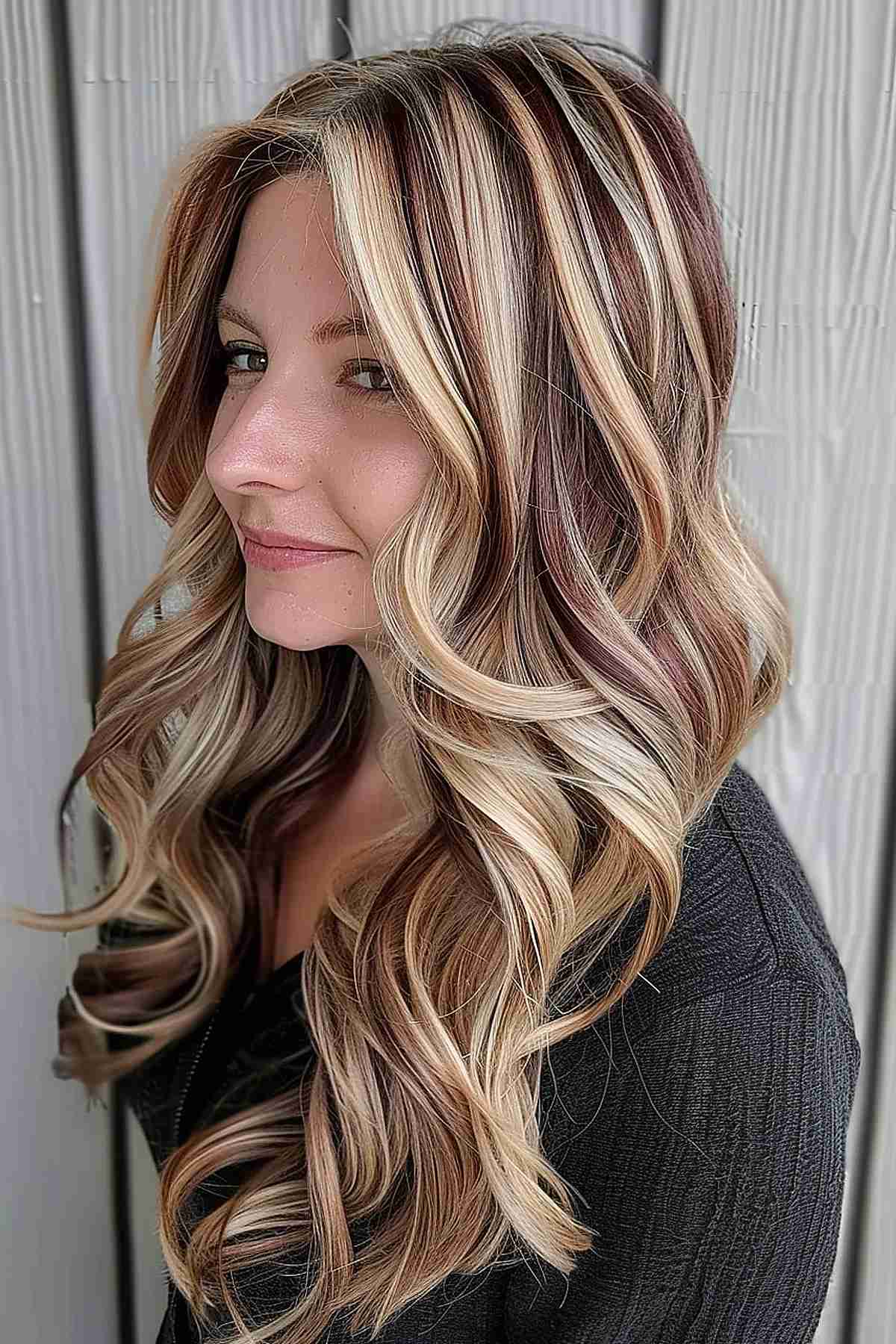Wavy brown hair with chunky blonde highlights and lowlights
