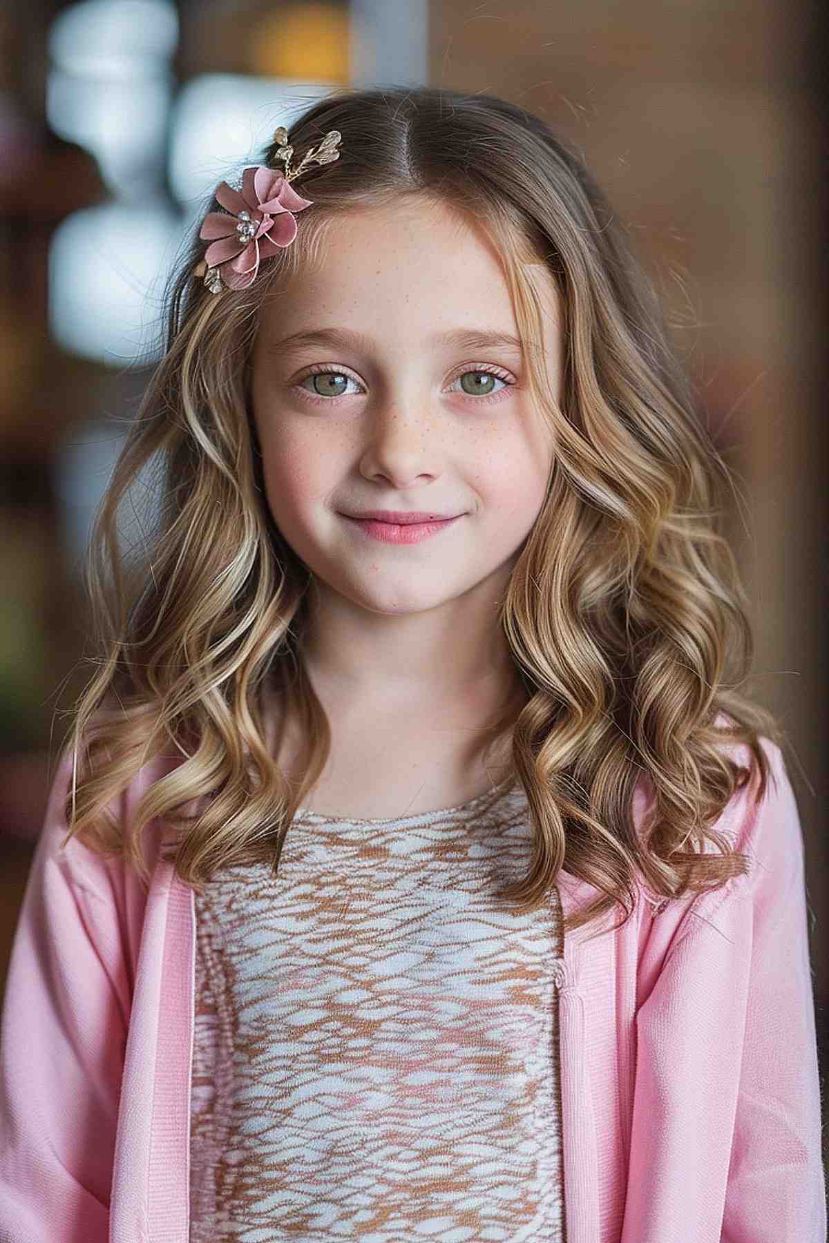 Young girl with wavy hair and a floral clip