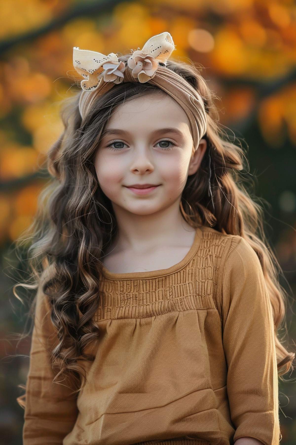 Young girl with wavy hair and a floral headband, wearing a mustard top