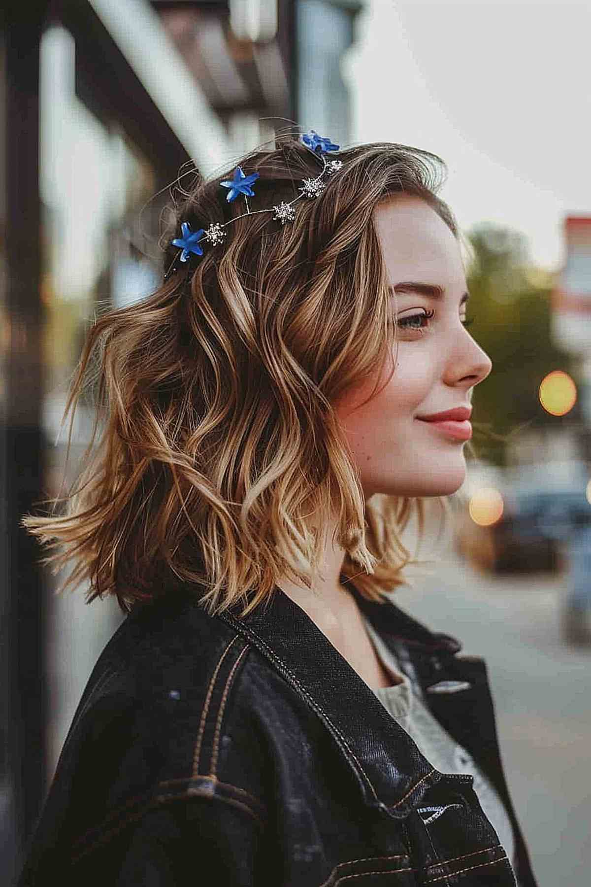 Wavy hair with star-shaped hairpins for 4th of July