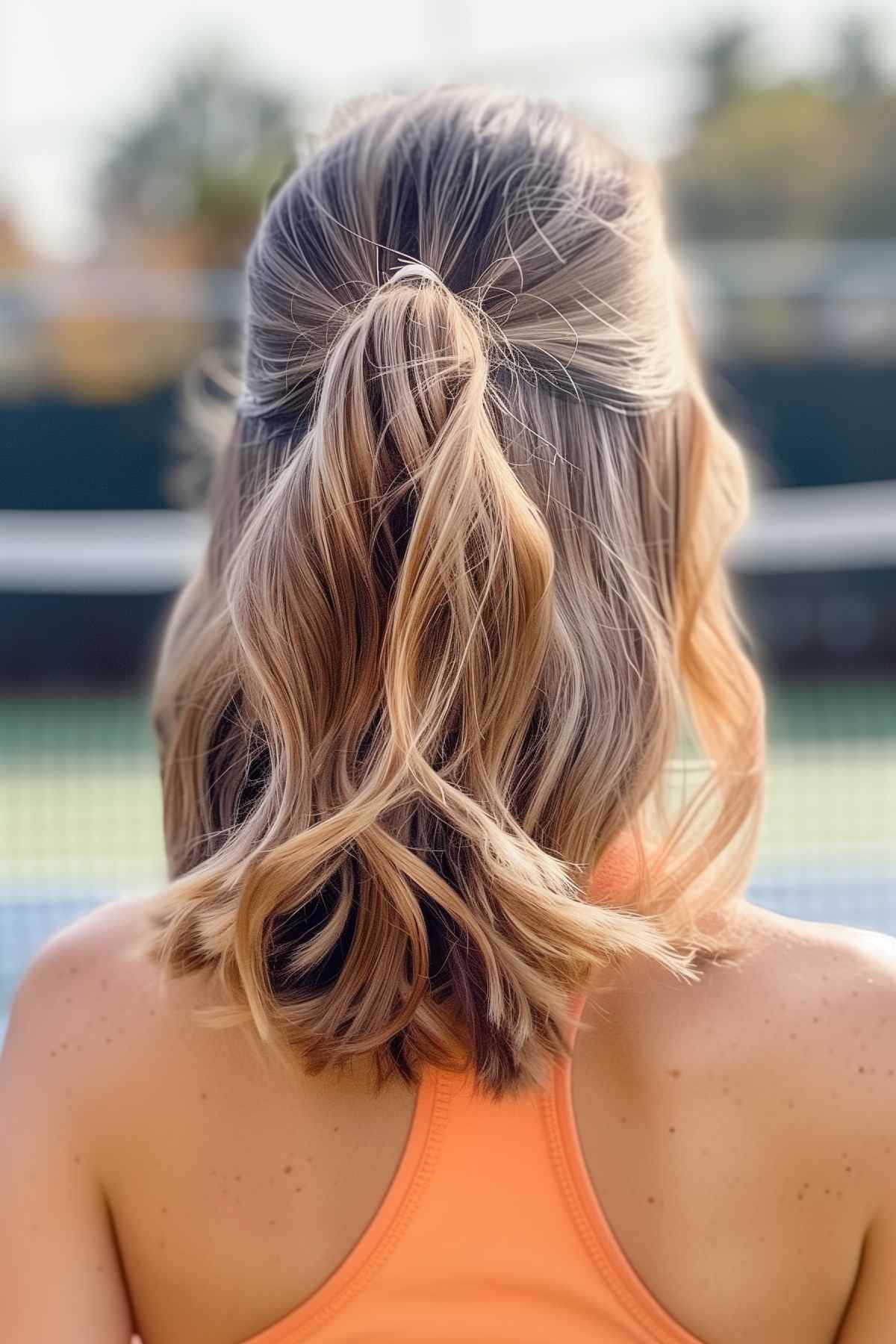 Wavy half up hairstyle for medium-length hair on the tennis court