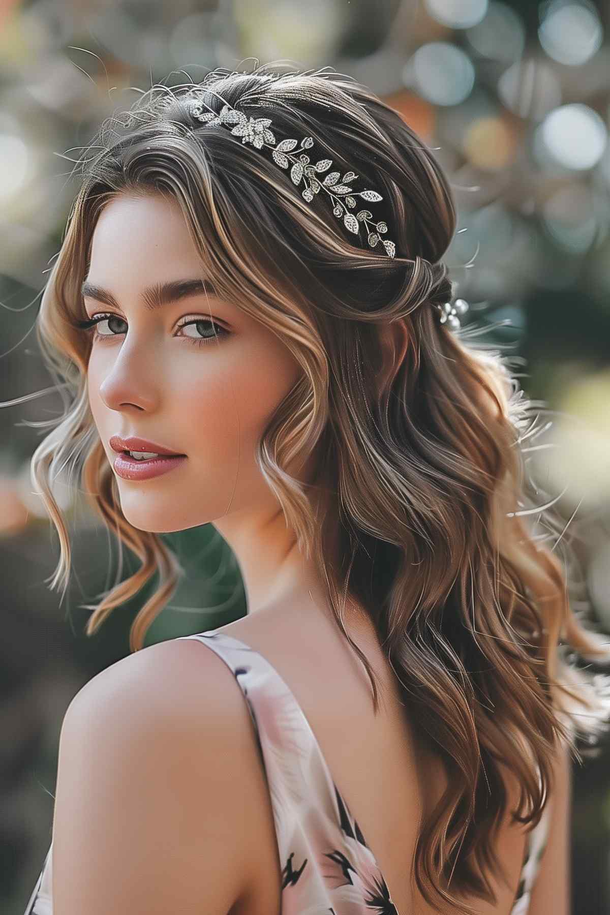 A woman with a wavy half-updo secured by a sparkling crystal comb, adding a touch of glamour to her elegant hairstyle.