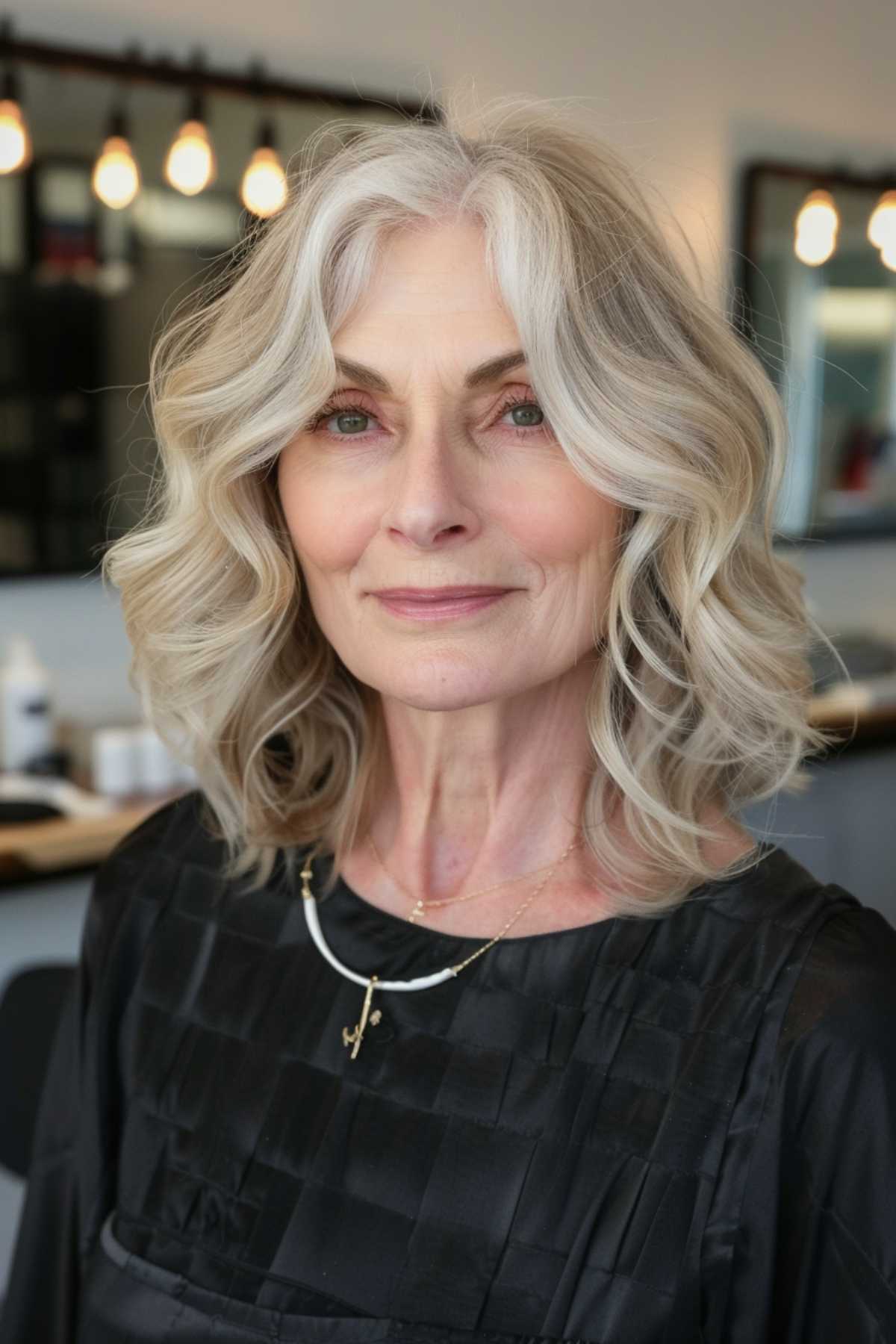 Woman with a wavy layered cut for thin hair, featuring chin-length layers and soft waves