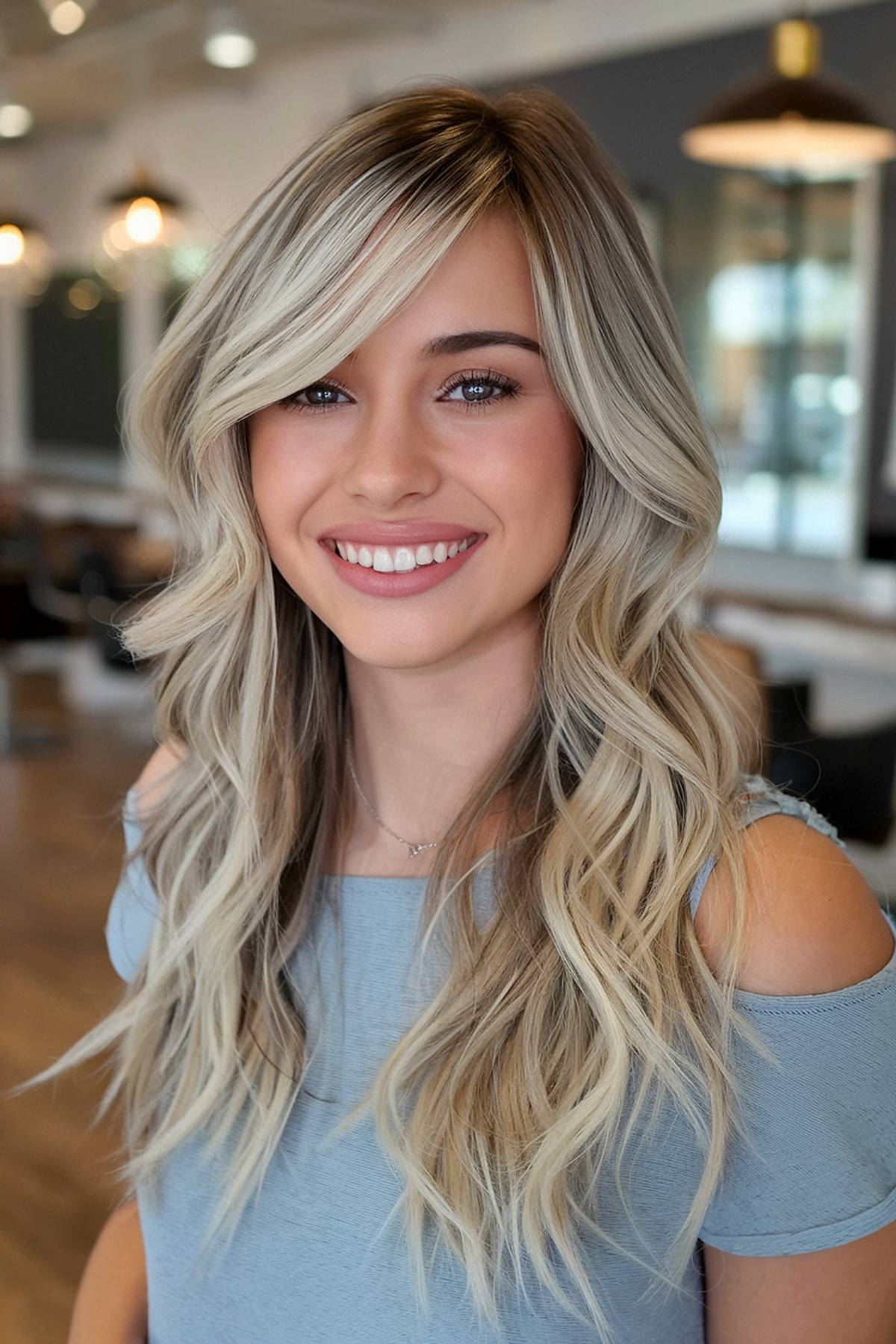 Long wavy layers with side bangs, blending natural texture and soft volume