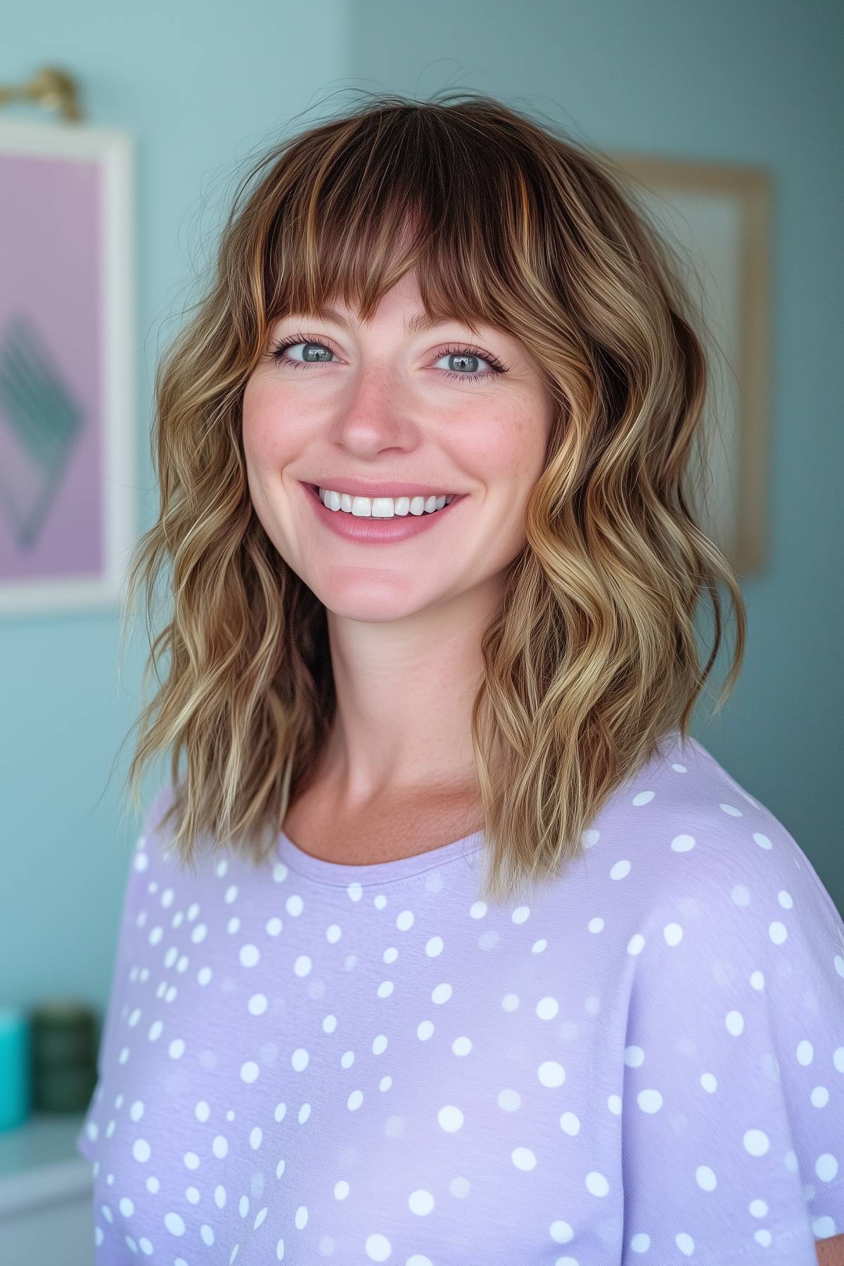 Woman with a wavy lob haircut and bangs for thick hair, featuring warm highlights