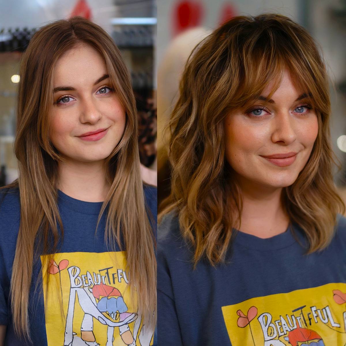 Before and after of long straight hair transformed into a wavy lob with curtain bangs