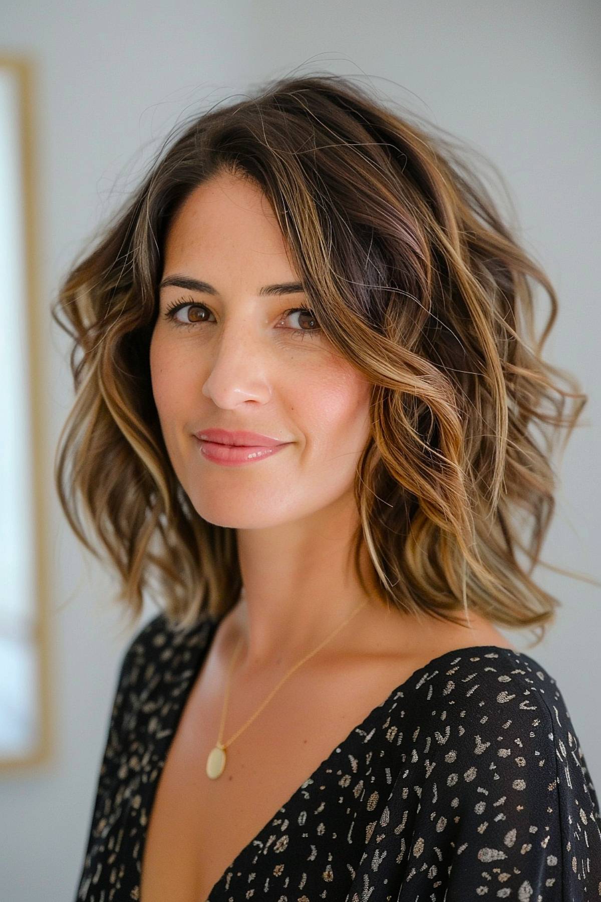 Shoulder-length wavy lob hairstyle