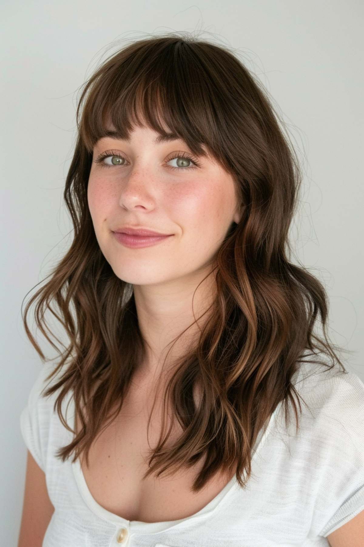 Woman with wavy medium haircut and soft bangs