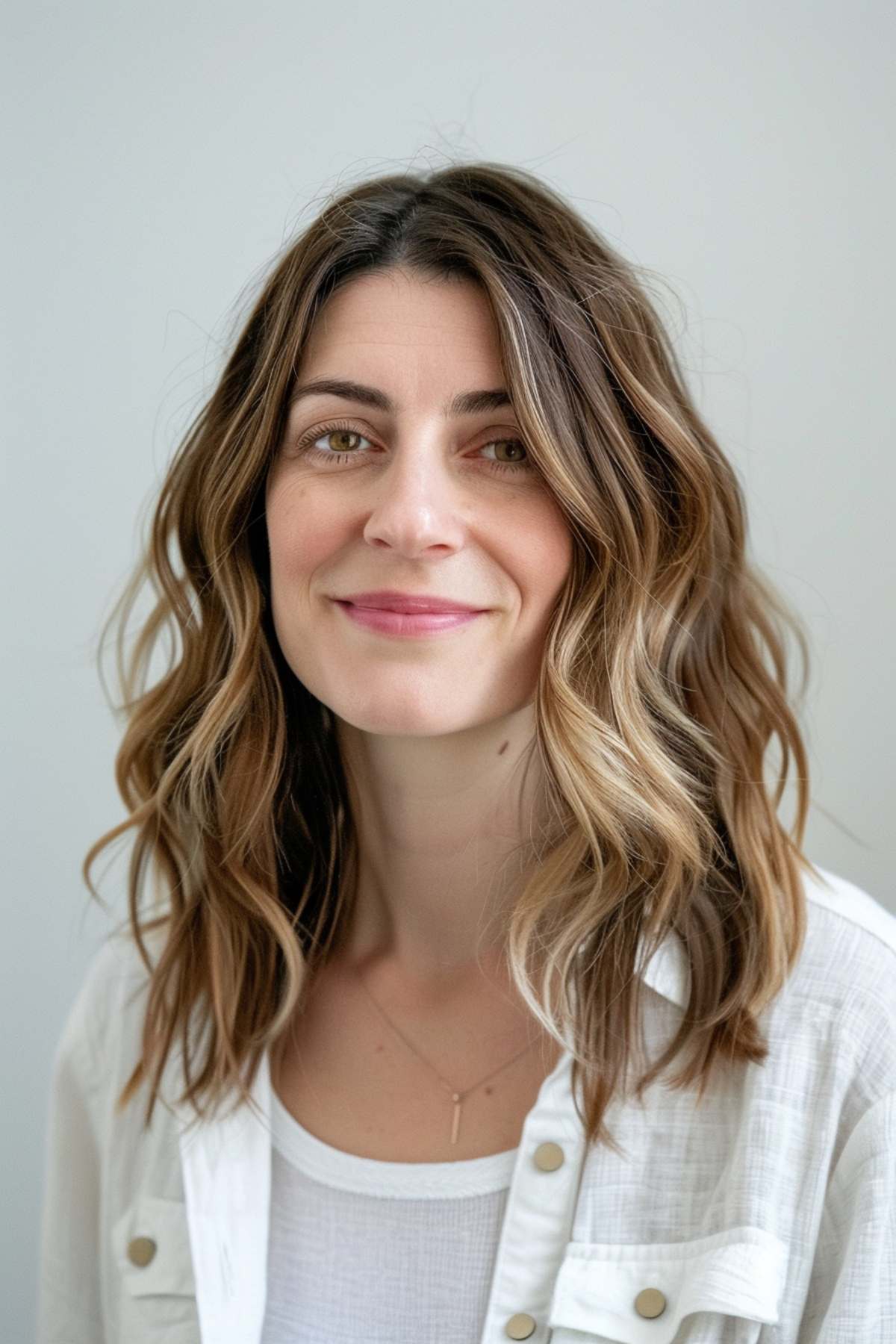 Wavy medium hair with choppy layers, adding texture and volume to fine to medium hair