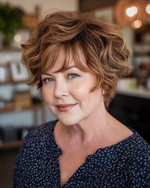 Wavy pixie cut with layered shape for round face and plus size women over 50