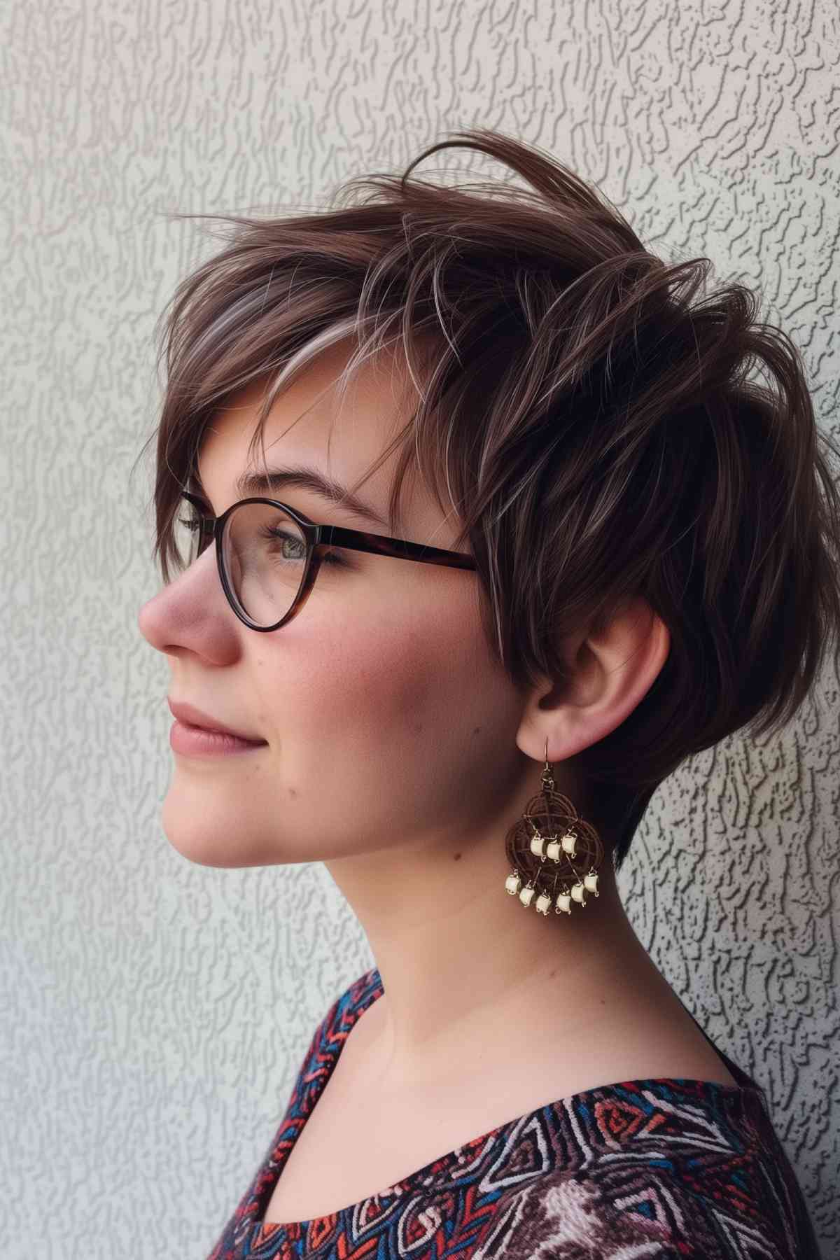 Young woman with wavy, short pixie cut and sweeping bangs, wearing glasses and statement earrings