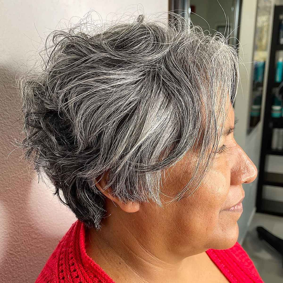 Wavy Pixie Cut with Long Bangs for Women Over 60