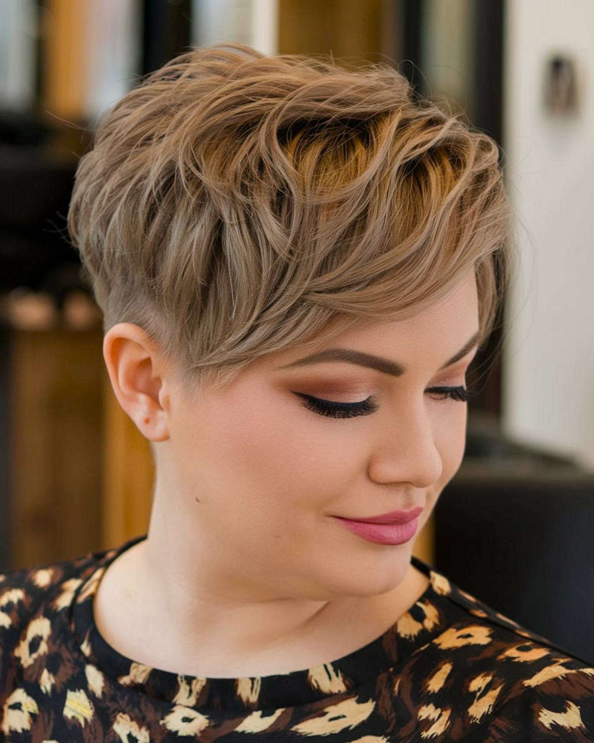 Wavy pixie hairstyle for plus size women with natural movement