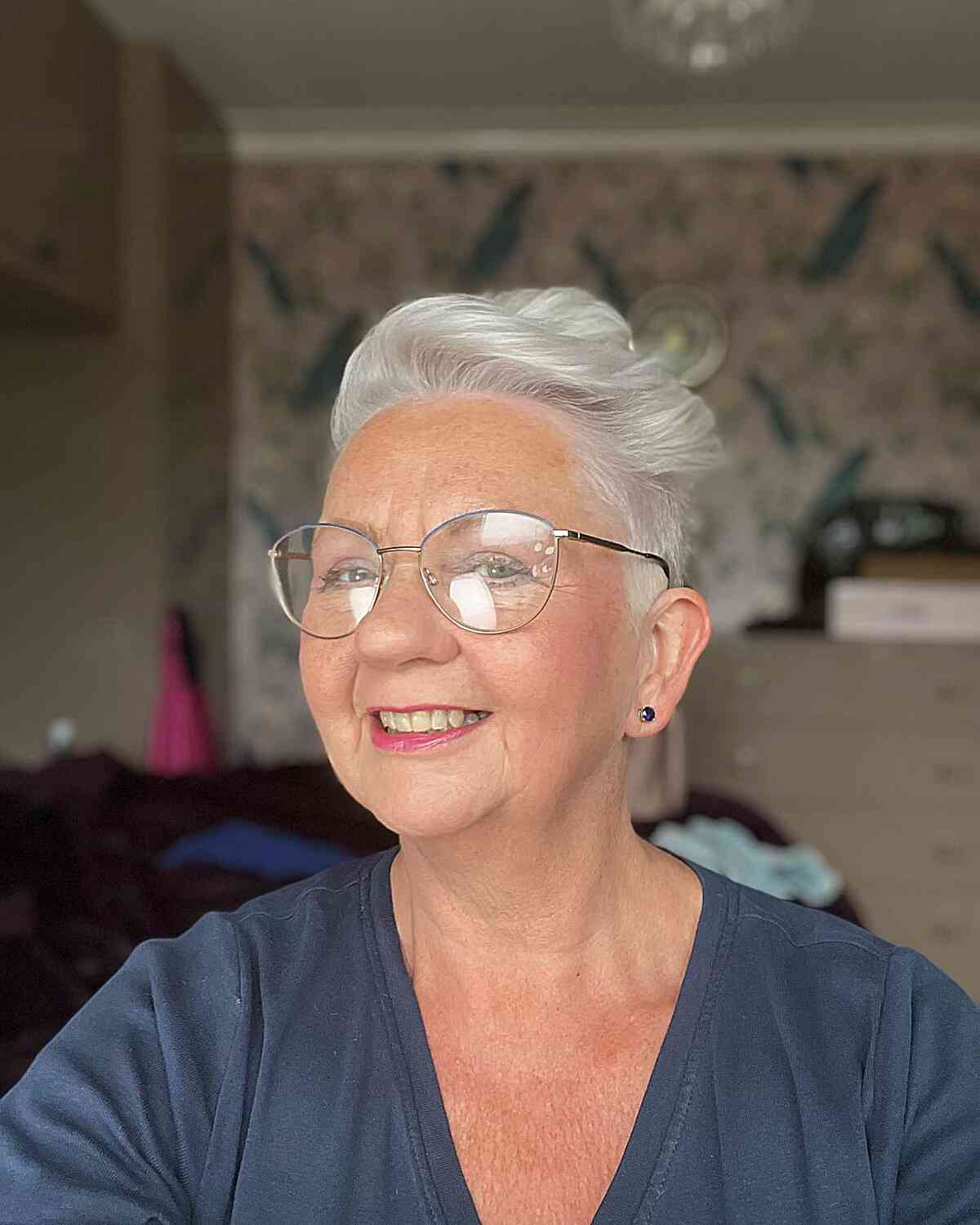 Wavy Pompadour Pixie on 60-year-old Ladies with Glasses and Rounder Faces
