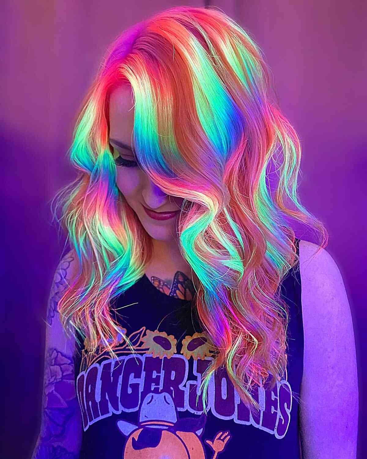 Mid-Length Wavy Rainbow Neon Hair for Rave Festivals