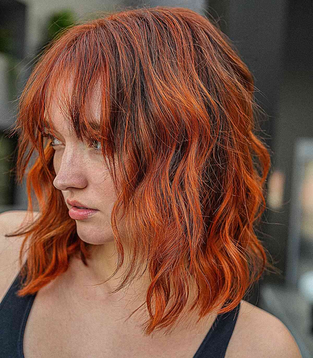 Wavy Red Lob with Wispy Bangs and Shattered Layers