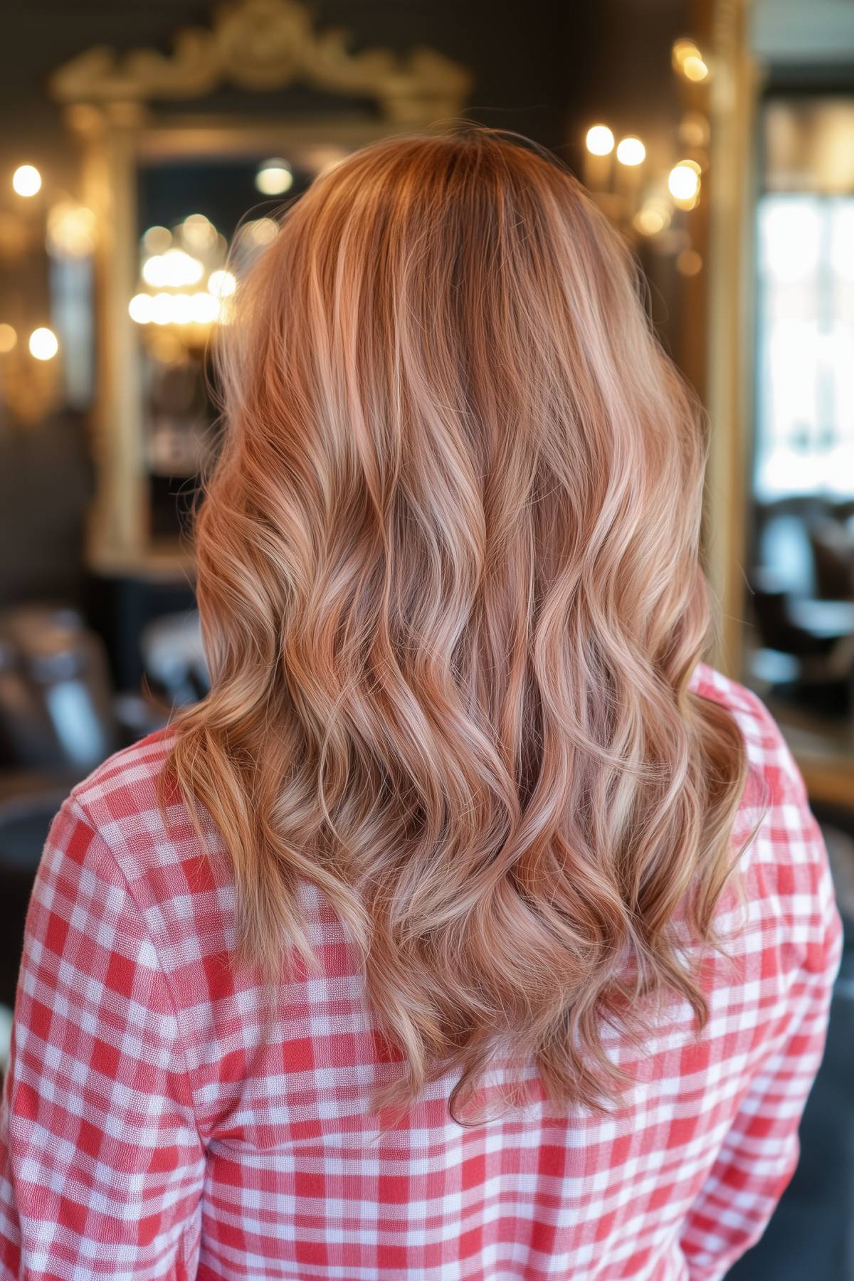 Wavy rose gold hairstyle with long flowing waves