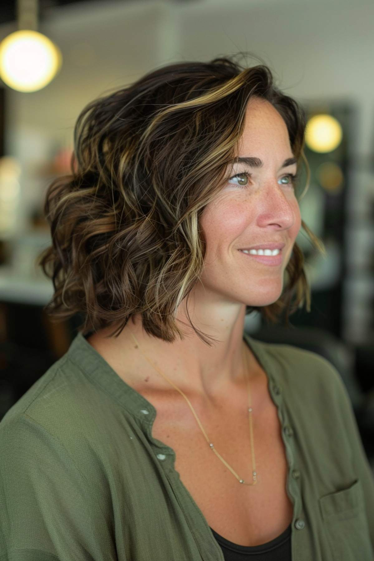 Highlighted wavy layered cut for women over 40 with medium to thick hair.