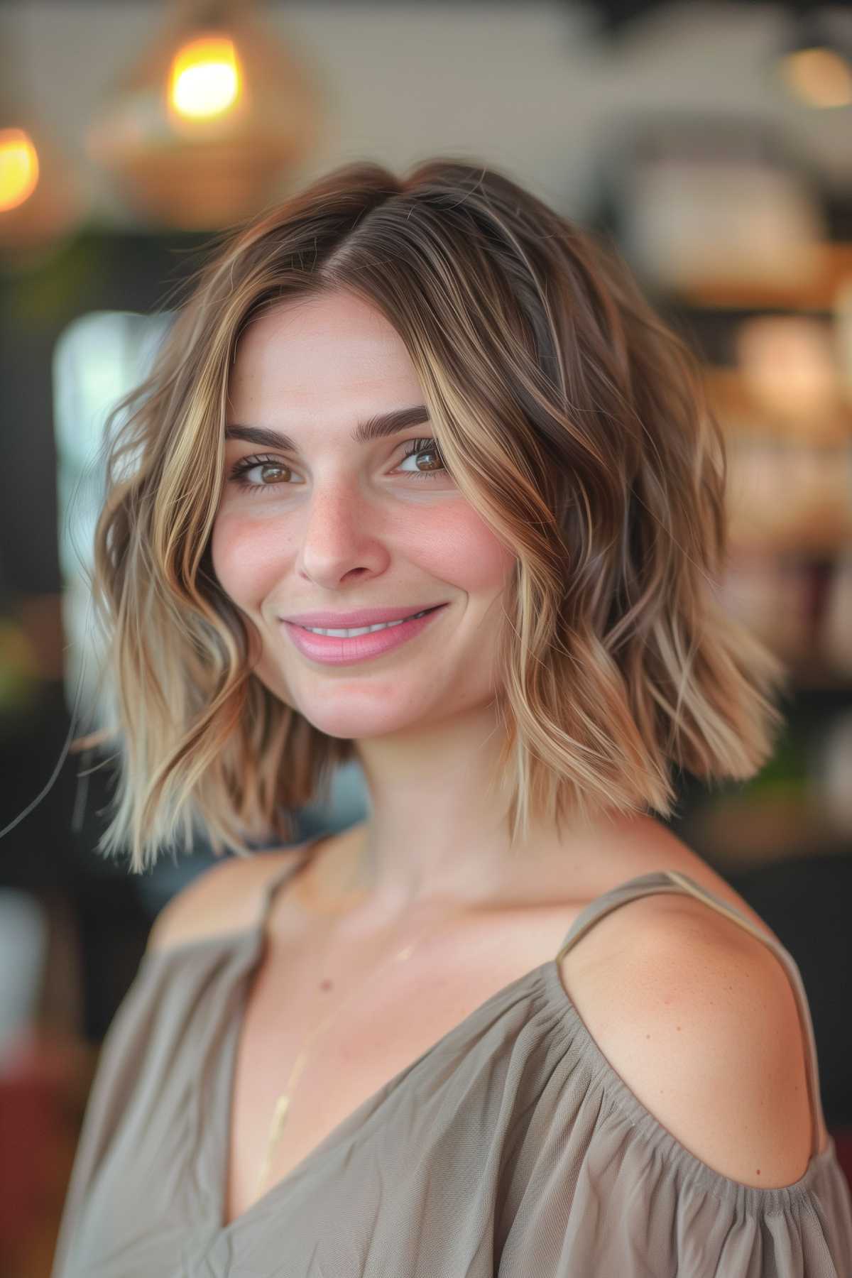 Wavy shaggy bob with layered ends for fine hair