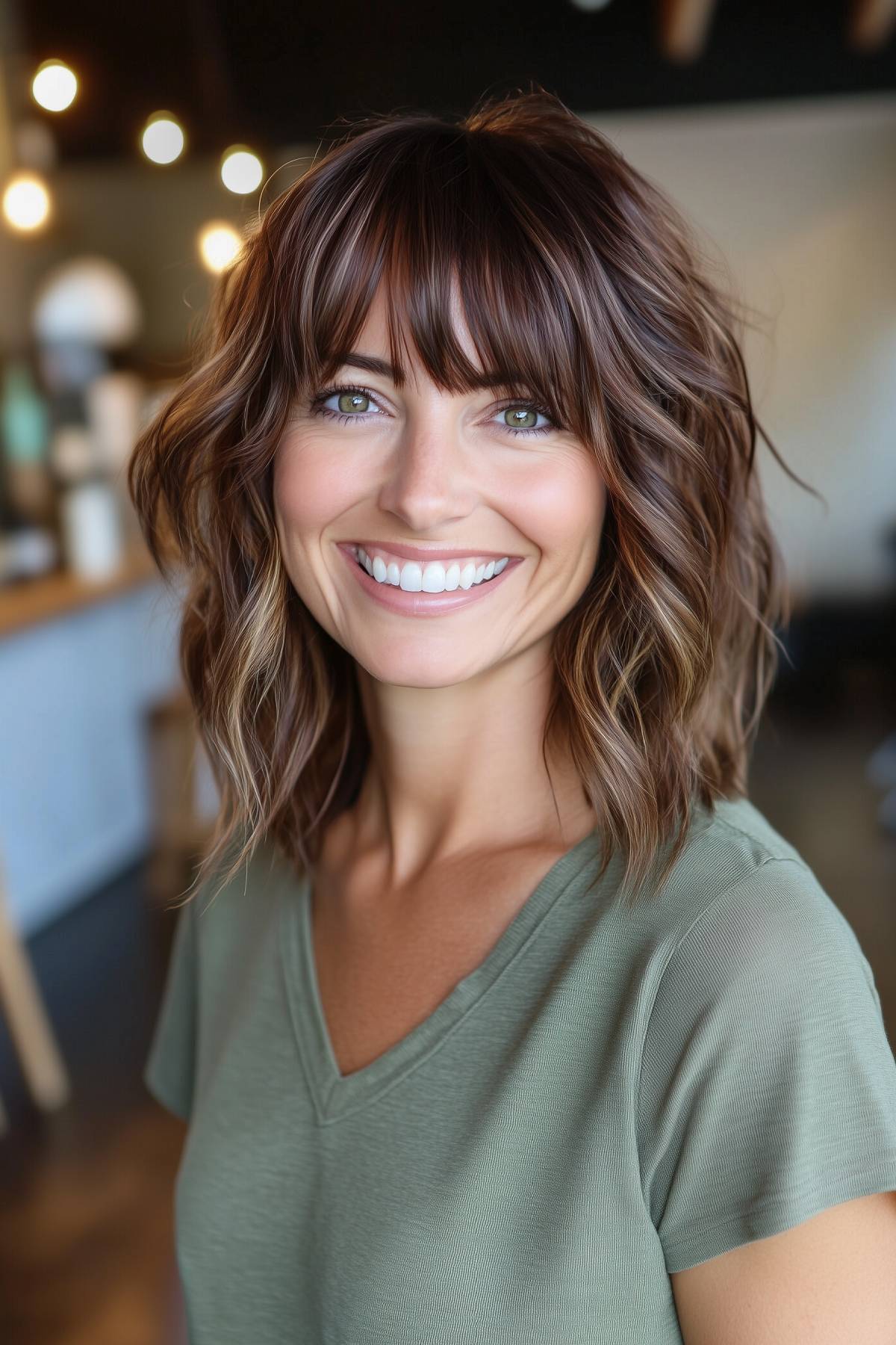 Woman with a wavy shaggy lob haircut and curtain bangs, featuring subtle highlights