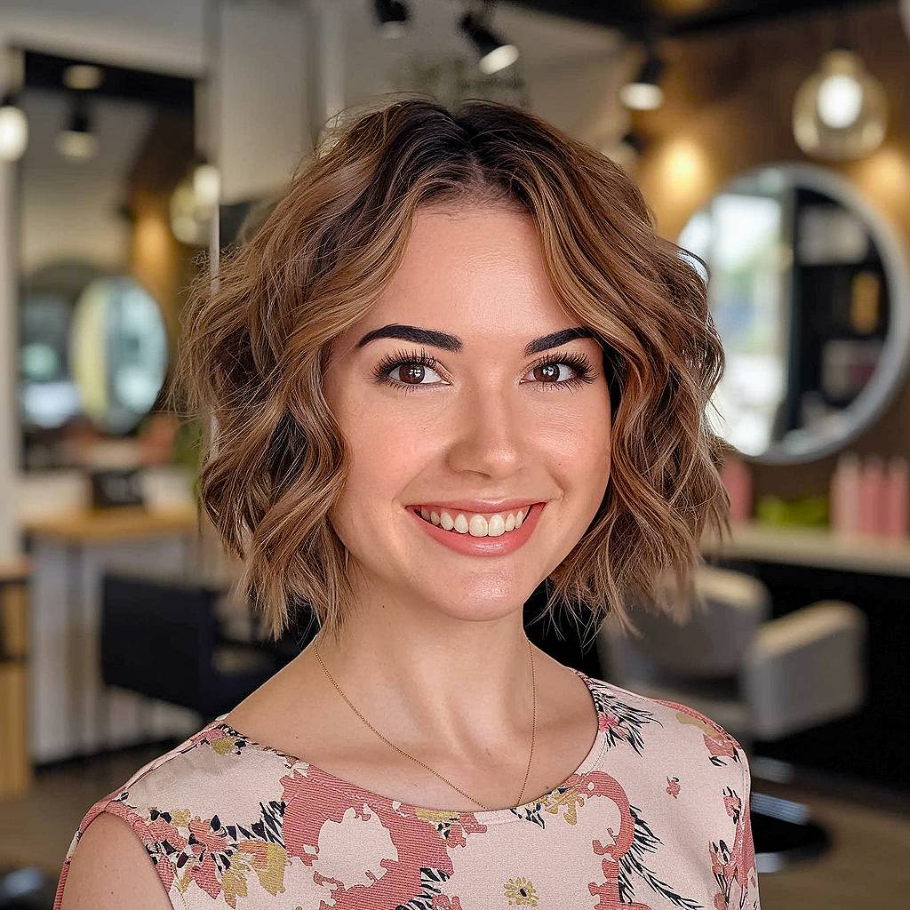 Wavy short hair with defined curls and blended layers