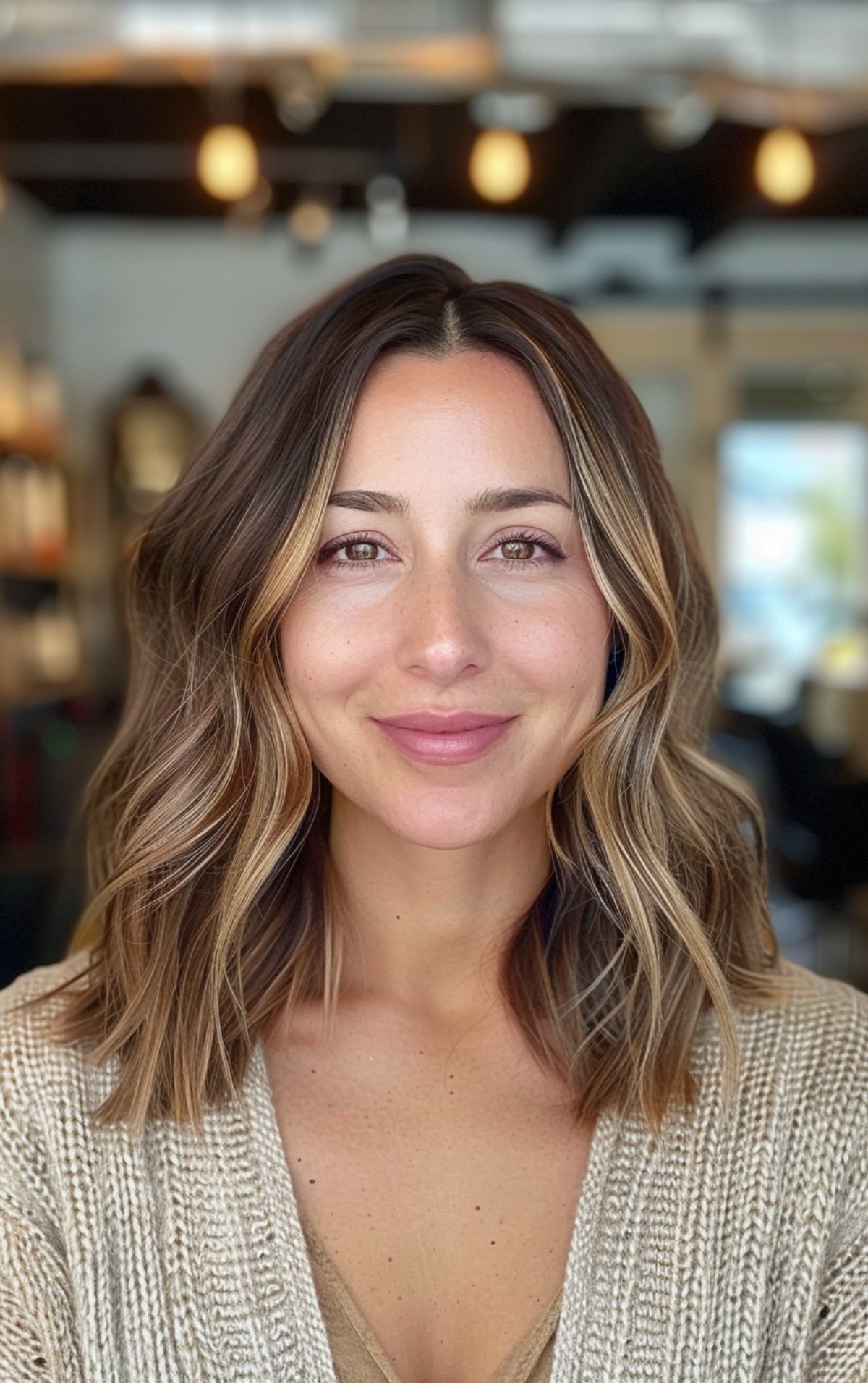 Wavy shoulder-length hair with warm highlights and soft texture