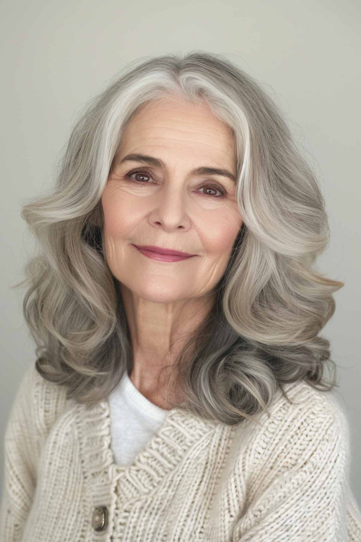 Wavy shoulder-length grey hair with subtle highlights on a woman