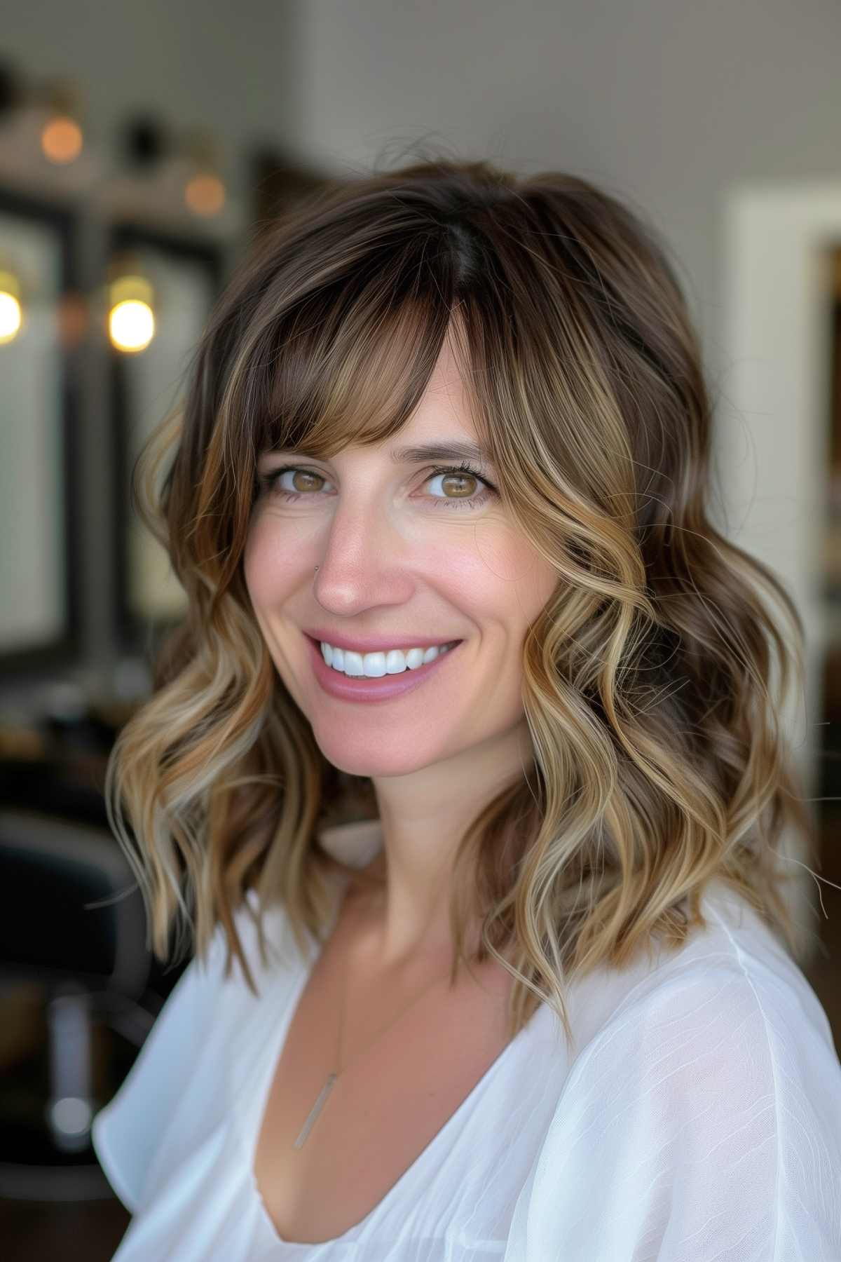 wavy shoulder-length hair with side-swept bangs for women