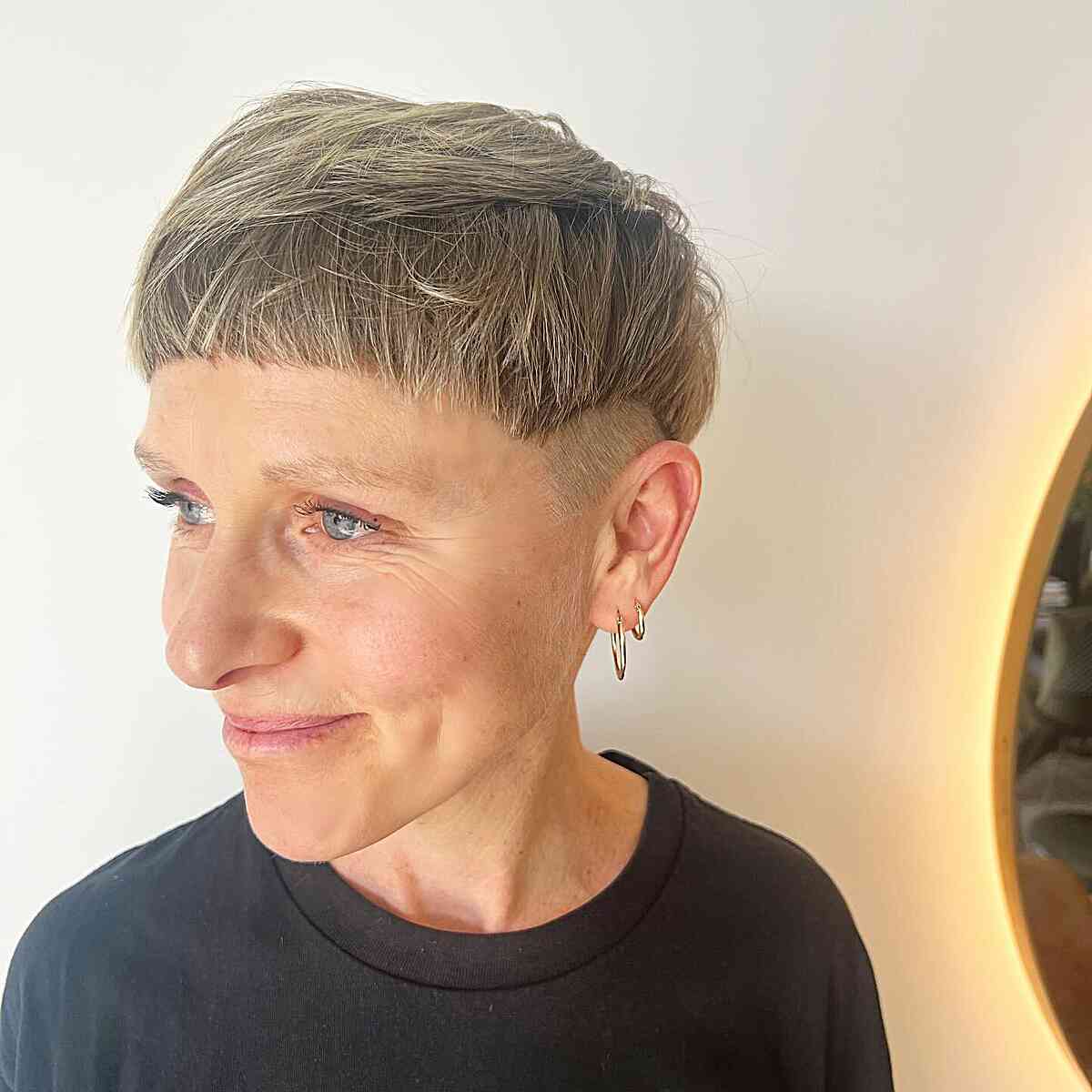 Wear and Wash Undercut Pixie with Blunt Bangs for 50-Year-Old Ladies