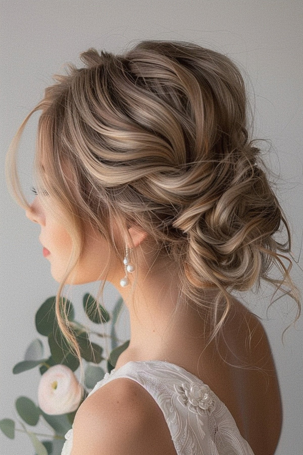 Wedding updo with balayage highlights and curls