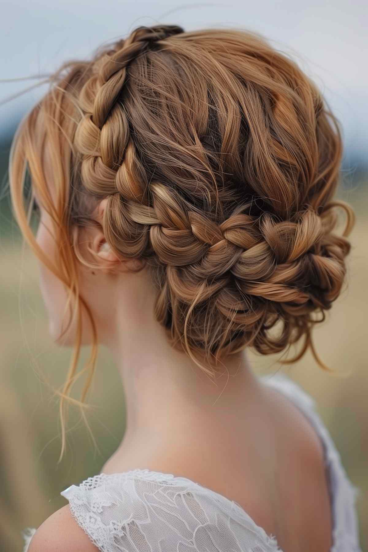 Intricate braided crown hairstyle on medium-length blonde hair, perfect for a wedding.