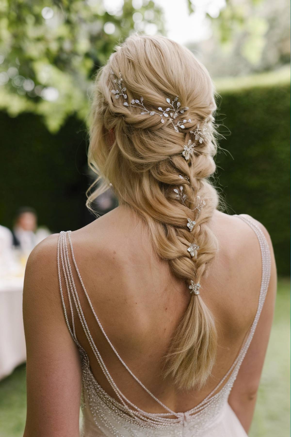 Loose single braid wedding hairstyle with crystal embellishments