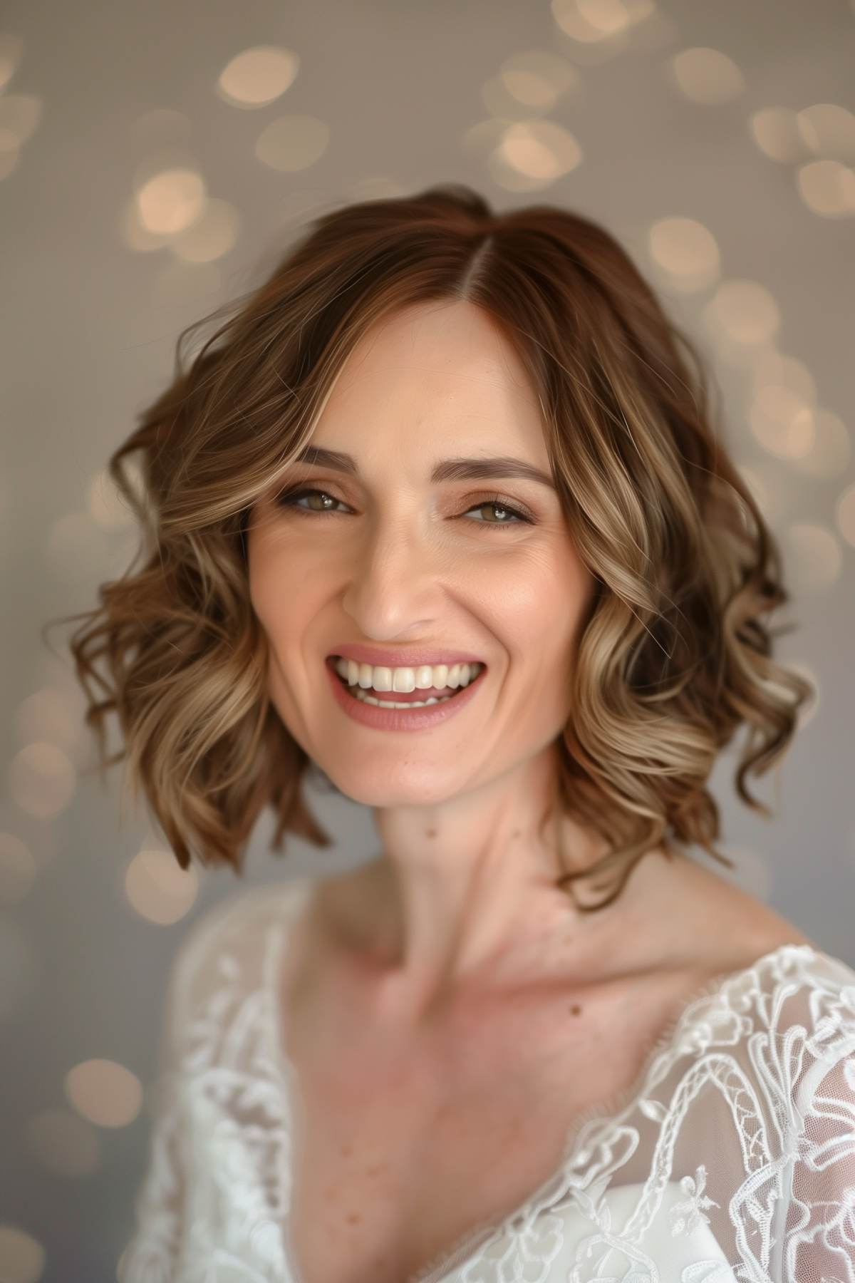 Elegant wavy bob with soft layers, ideal for weddings or special occasions