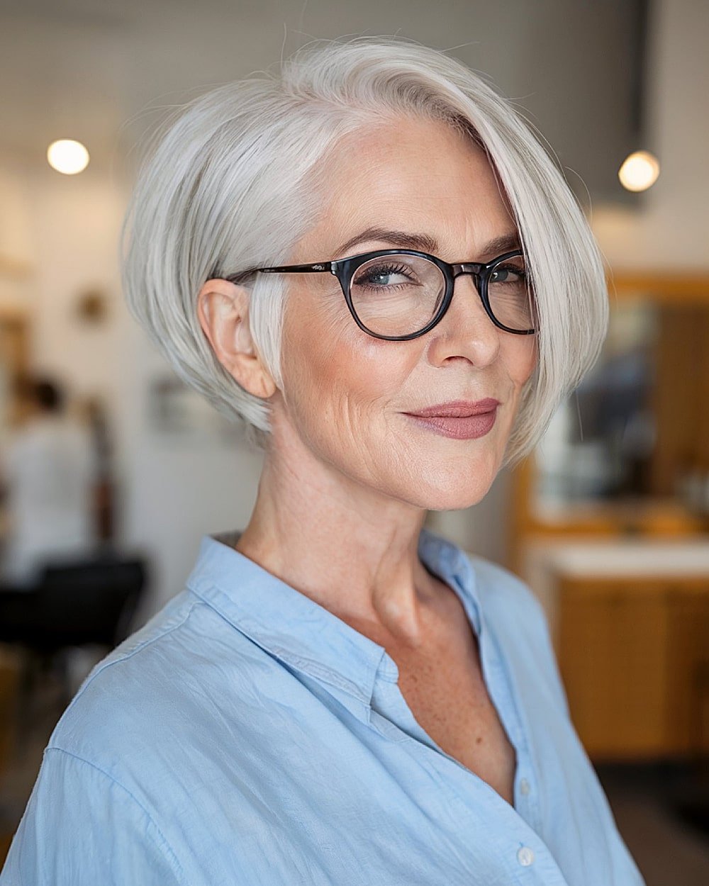 Silver wedge cut with side part and stacked back for older women with glasses