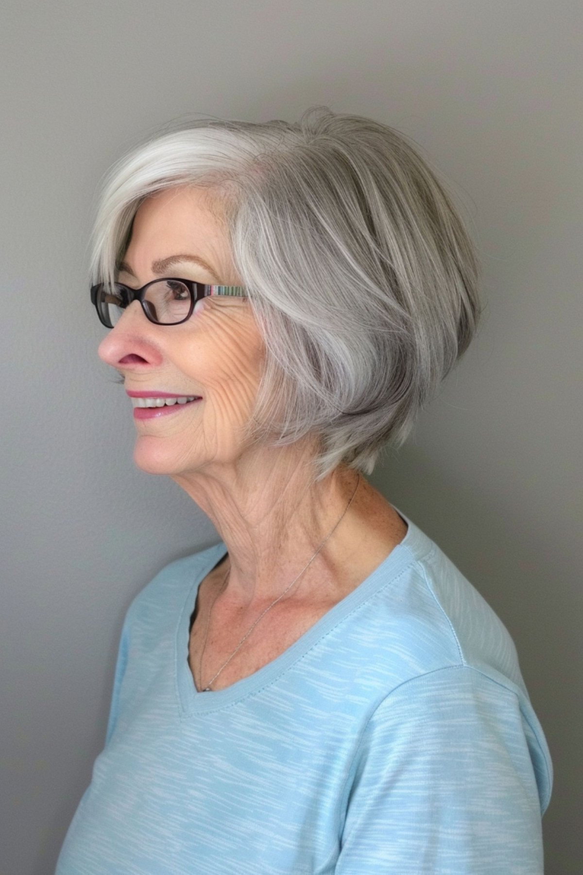 Wedge haircut for women over 60 with glasses