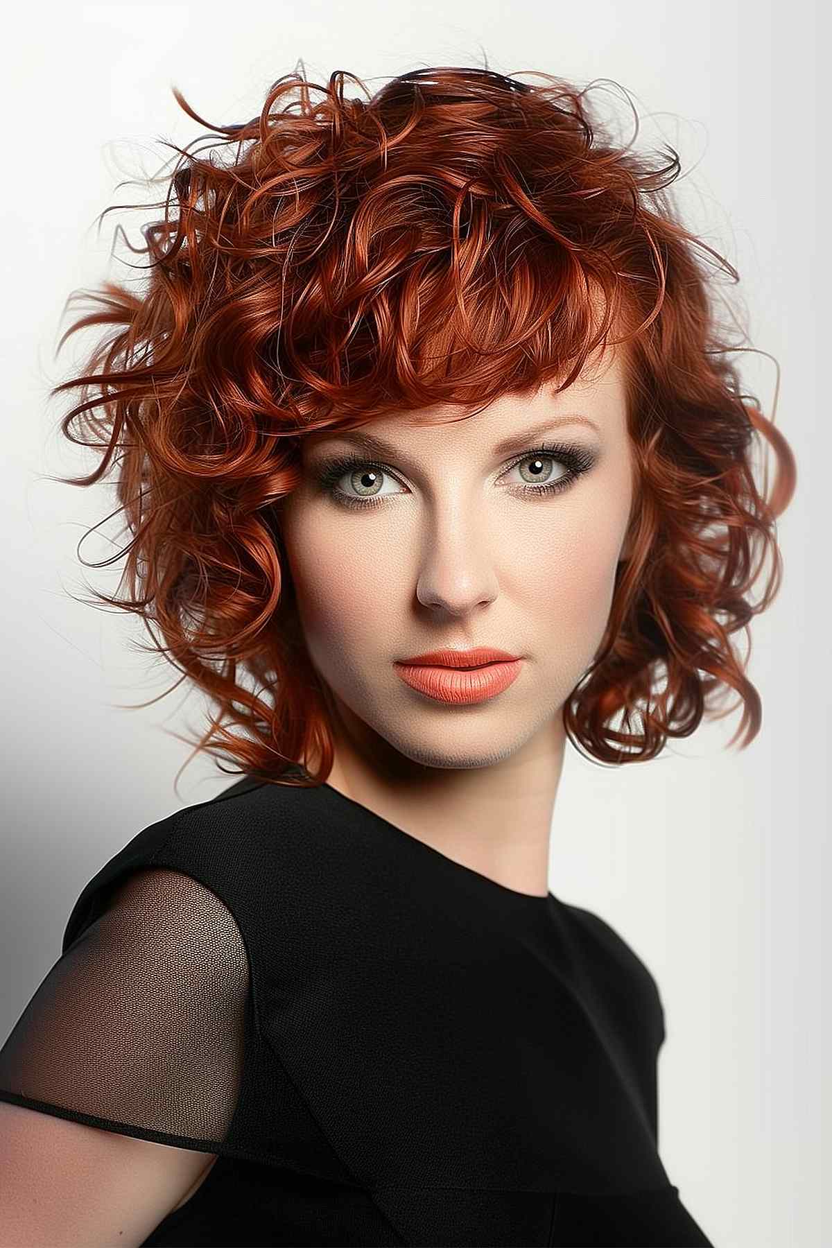 Woman with vibrant red soft curls and an asymmetric fringe, creating a bold, eye-catching look that enhances facial features. 