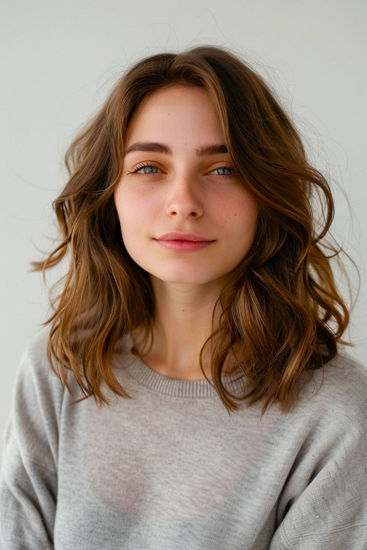 Soft wavy medium-length haircut with ashy brown layers