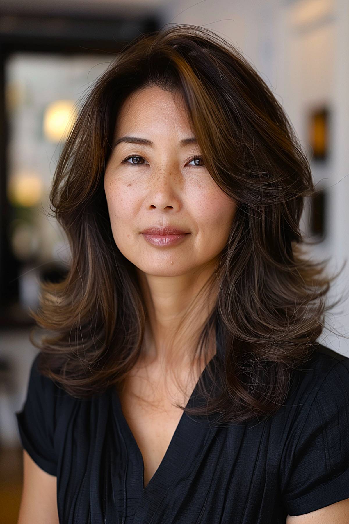 Whisperlayer haircut with feathered layers for older Asian women