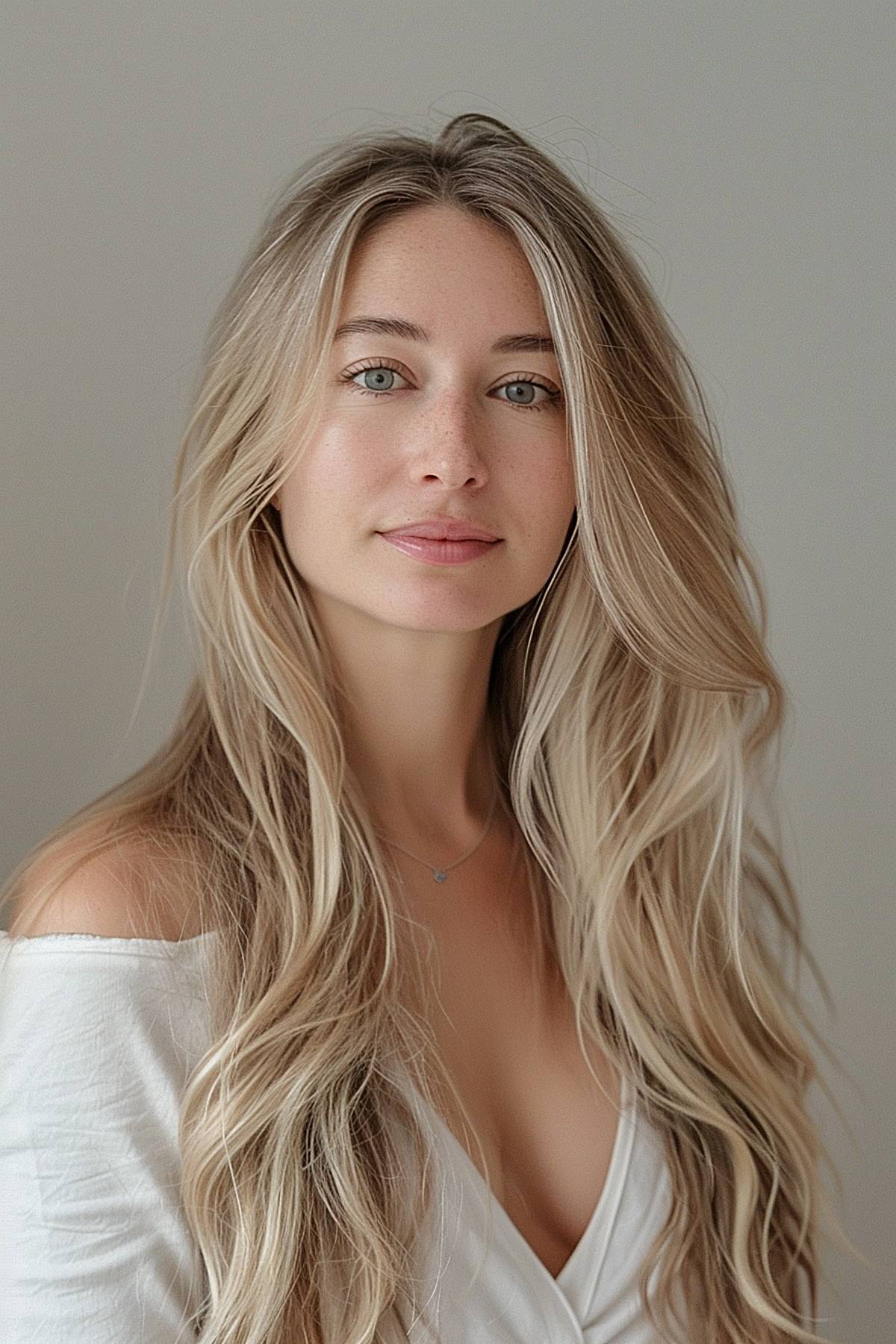 Whispry hairstyle with soft, face-framing layers and blonde tones