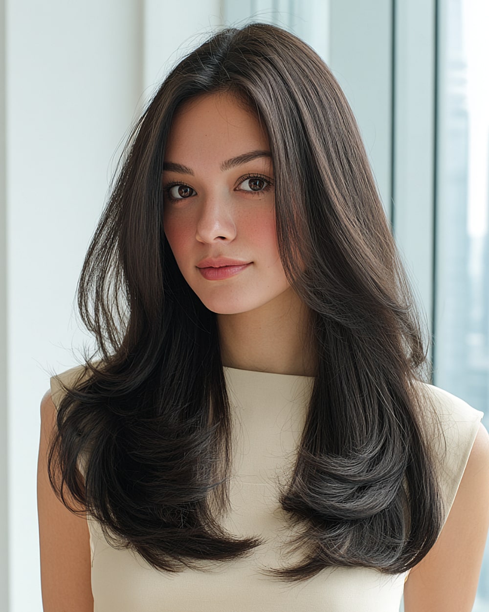 Glossy brunette long layered cut with flicked ends and natural volume