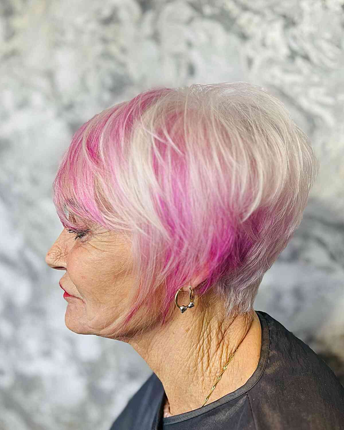 White Blonde Long Pixie with Pink Highlights and Bangs for Ladies Over 70