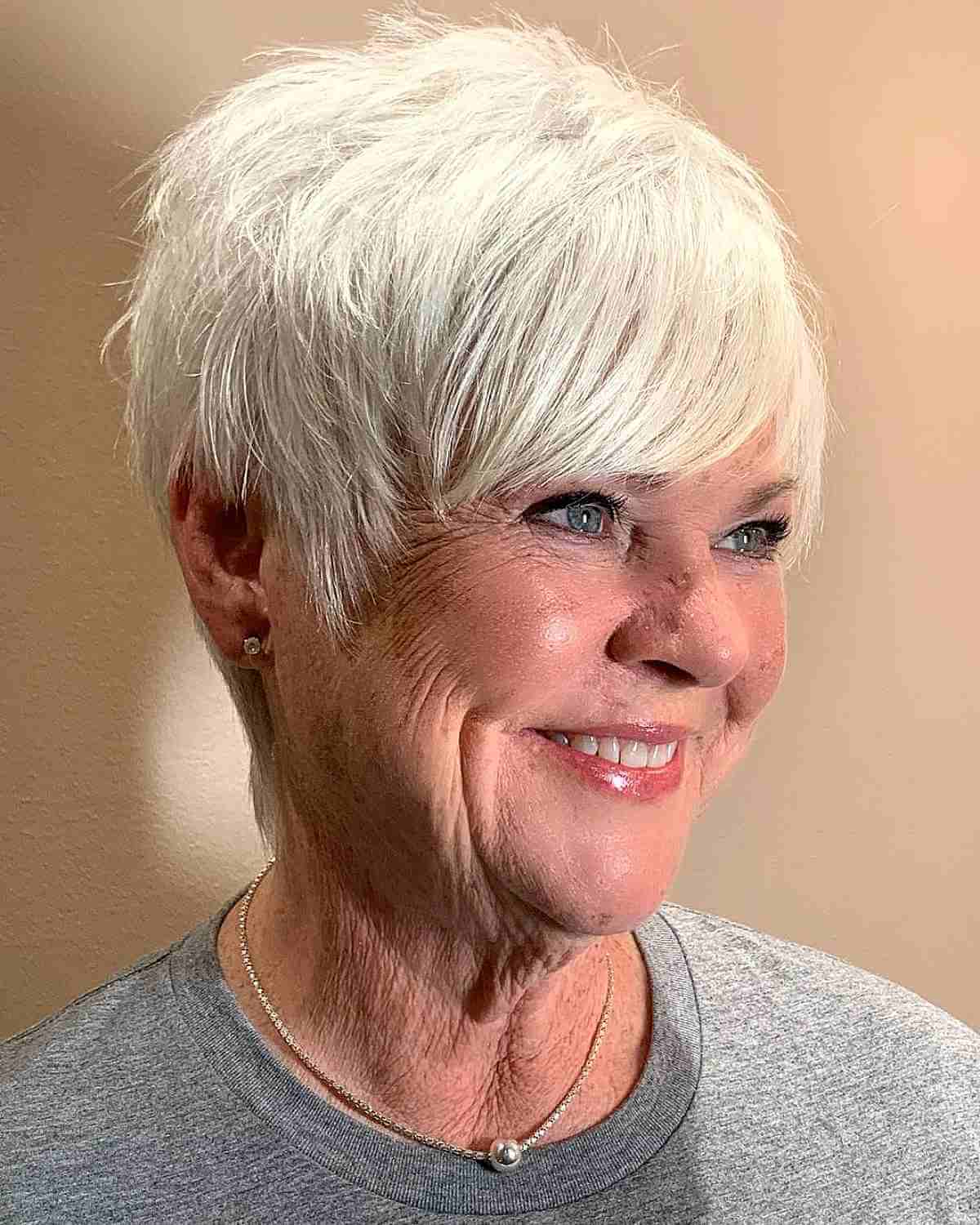 White Blonde Pixie with Long Bangs for Thin Hair