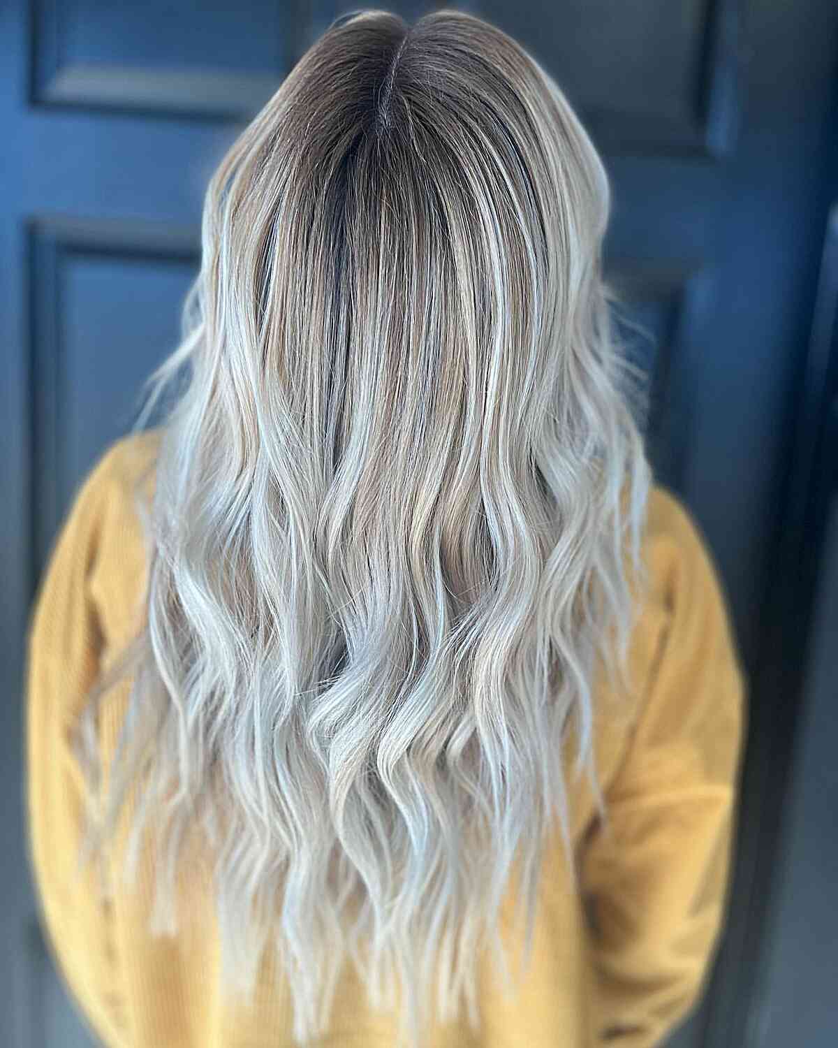 Long V-Cut White Icy Blonde Balayage Hair with Root Melt