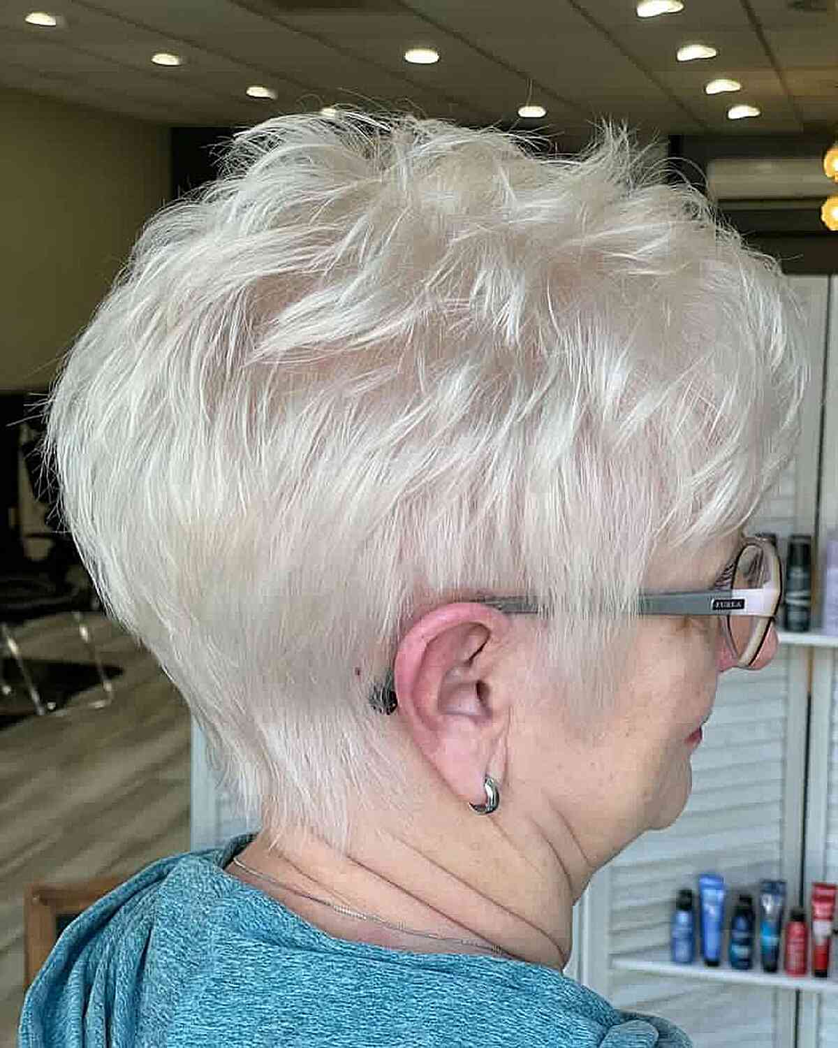 White Pixie Hair with Short Layers for woman over 60 years old with spectacles
