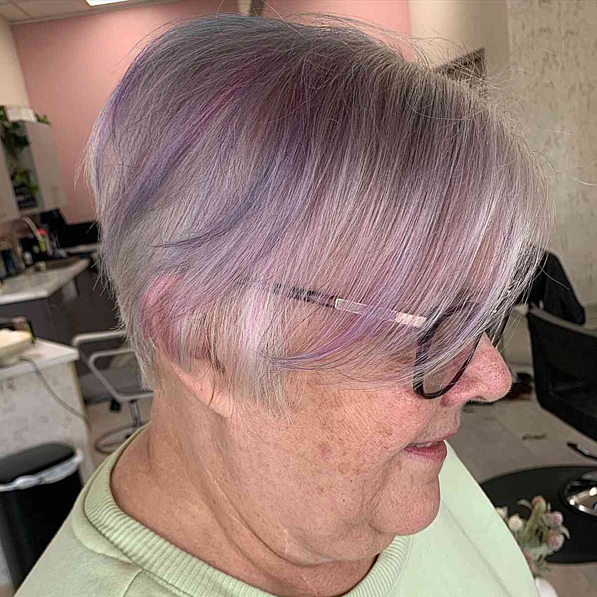 Short White Pixie with Pastel Highlights for Older Women Past 60 with Thin Hair and Eyeglasses